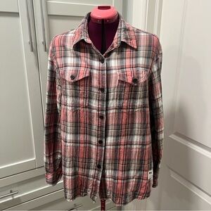 TILLEY Plaid Soft 100% Cotton Button-Up Shirt Women's Size XL Pink White Grey
